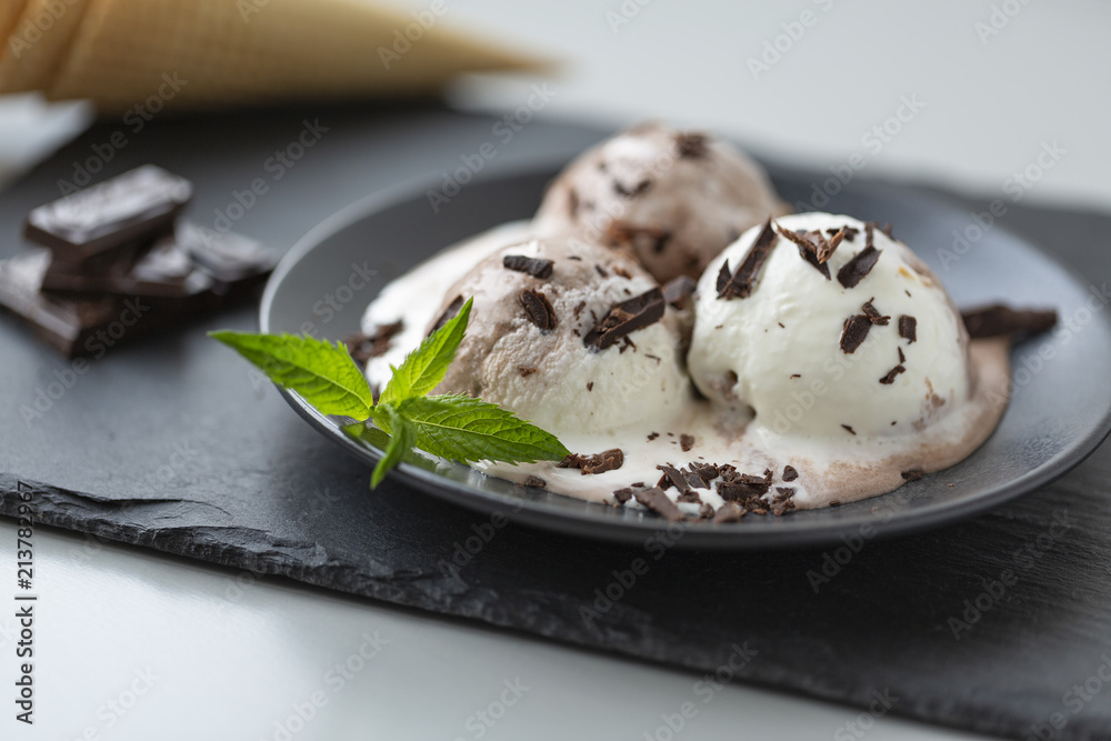 Homemade chocolate ice cream with cinnamon and mint, sprinkle with chocolate Homemade chocolate ice cream with cinnamon and mint, sprinkle with chocolate