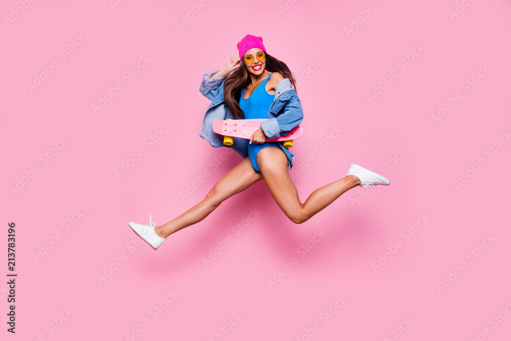Lifestyle leisure dream dreamy person people concept. Side profile full  length size studio photo portrait of funny funky cheerful careless  beautiful cool girl jumping up isolated bright background Stock Photo |  Adobe