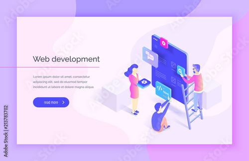 Web design, development. People interact with parts of the interface, creating an interface for the mobile application. Modern vector illustration isometric style.