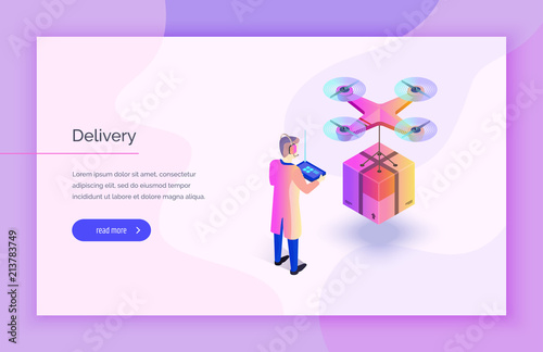 The modern system is logistic. A man with a wireless remote control the cargo copter. Fast shipping.  Modern vector illustration isometric style.