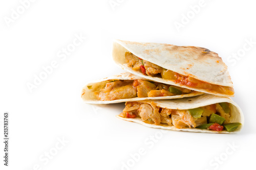 Mexican quesadilla with chicken, cheese and peppers, isolated on white background. Copyspace