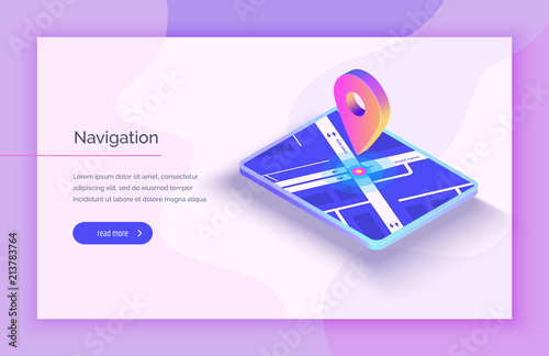 Gps navigation system. Mobile application for navigation. Gps smart tracker. Mobile phone is a mark on the map. Modern vector illustration isometric style.	