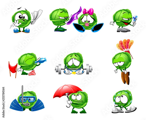 vector cute cabbage smile characters funny smiles emotions sport set of smiles