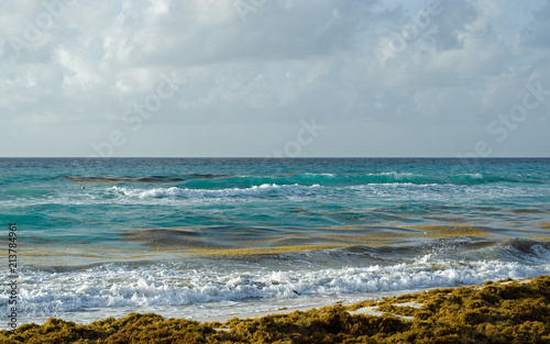 Caribbean Sea beach with sky horizon and water. Wave  cloud