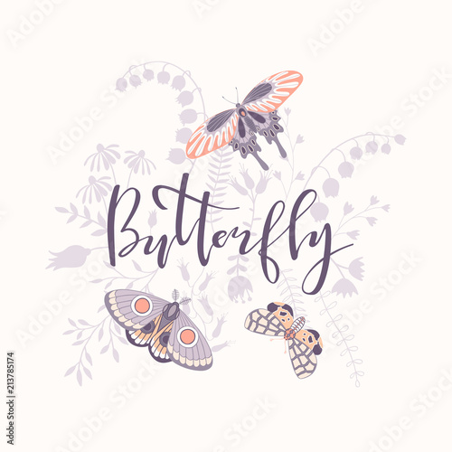Illustration with silhouettes of flowers, inscription and butterflies