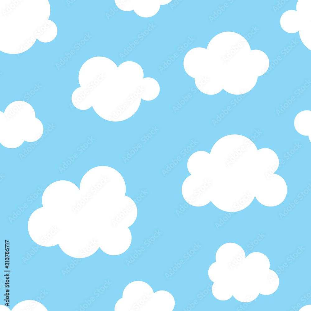 Cute baby seamless pattern with blue sky with white clouds flat icons. Cloud symbols background for kids fabric, nursery. Cloudy weather.