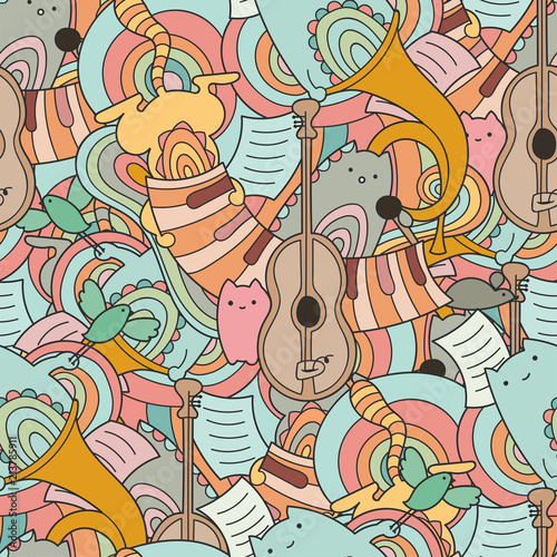 Vector doodle seamless pattern with cute cats and musical instruments. Kawaii animals with guitar, trumpet and piano. Colorful texture.