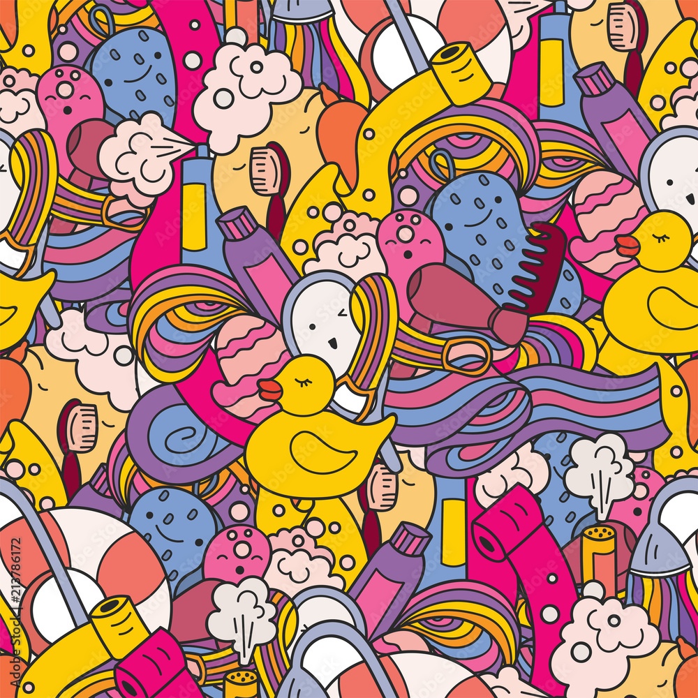 Vector seamless pattern. Bathroom items multicolored in doodle style. Baby shower, print for kids.
