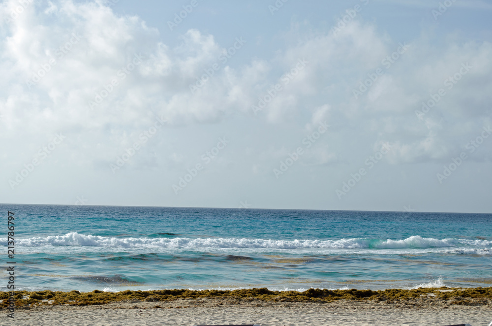 Caribbean Sea beach with sky horizon and water. Wave, cloud