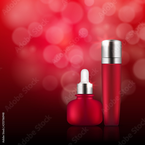 Set of realistic red glass bottles with silver cap. Empty package for skincare cosmetic - face, eye serum, emulsion, lotion. Blank template of container. Vector mockup, poster on bokeh background.