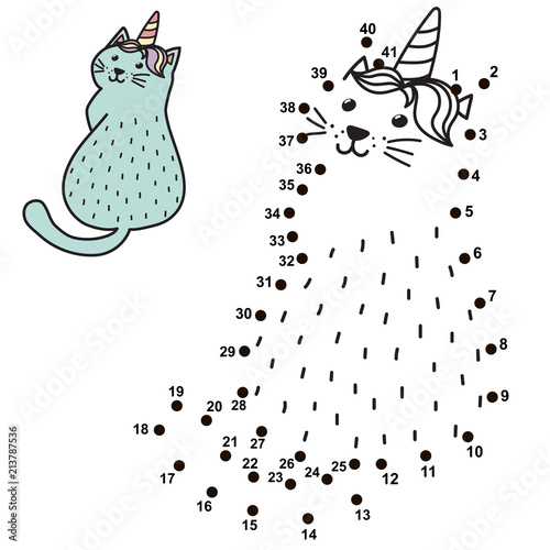 Connect the dots and draw a funny unicorn cat. Numbers game for children with caticorn. Vector illustration