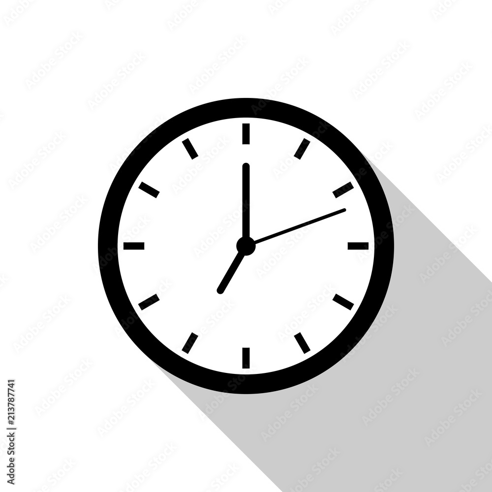 Black clock icon vector with shadow for website design in flat style. Office clock icon, Time icon. Four o'clock. Vector illustration, eps10 Black clock icon vector with shadow for website design in flat style. Office clock icon, Time icon. Four o'clock. Vector illustration, eps10
