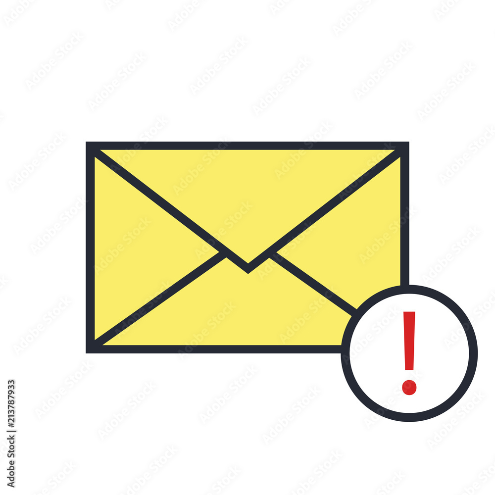 Yellow mail icon with warning sign. Message icon. Flat design style. Vector illustration, eps 10. Yellow mail icon with warning sign. Message icon. Flat design style. Vector illustration, eps 10.