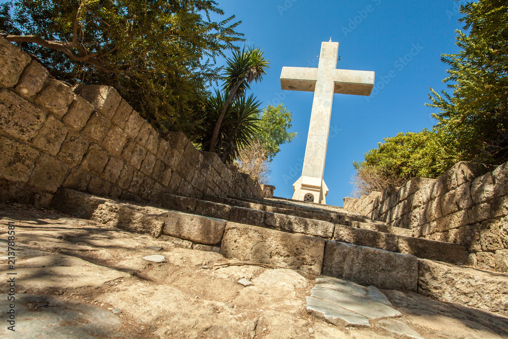 cross and the observation deck on the mount filerimos, Greece, Rhodes
