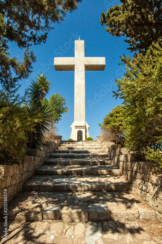 cross and the observation deck on the mount filerimos, Greece, Rhodes photo