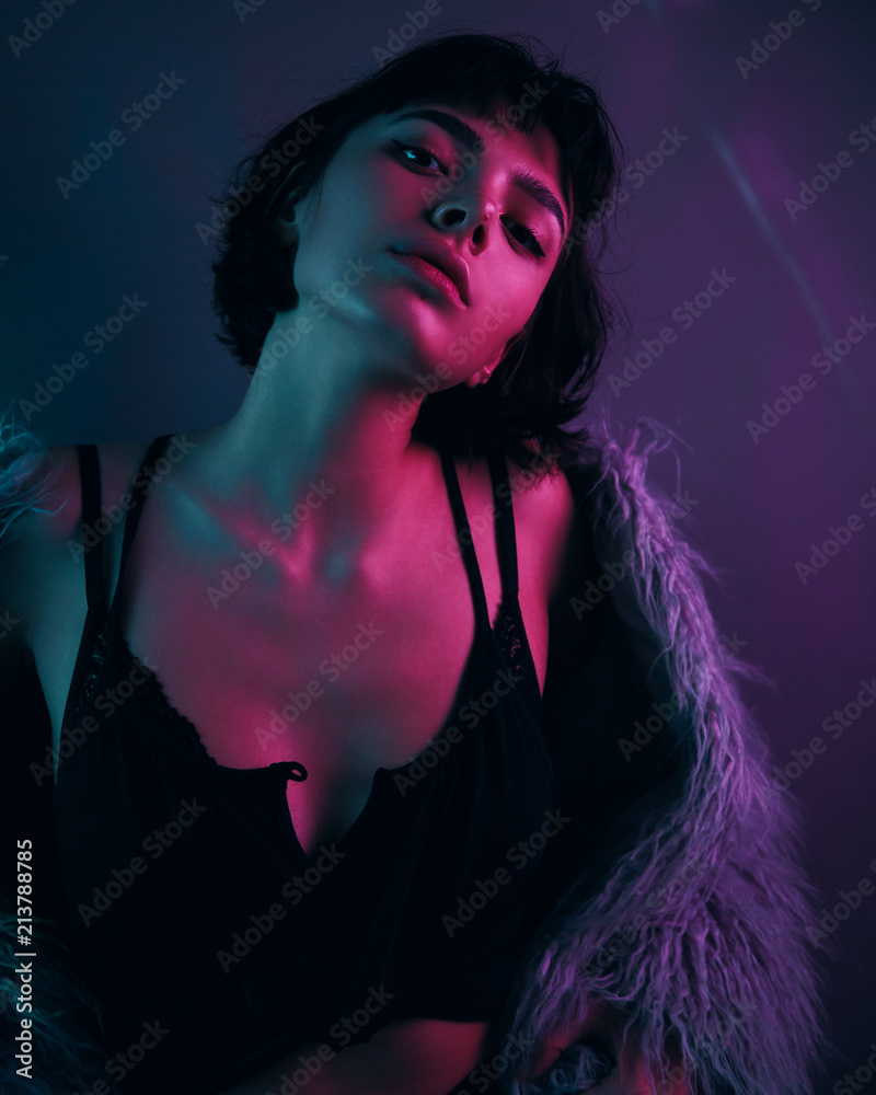 young fashion girl red pink blue cyan light fur coat neon young fashion girl red pink blue cyan light fur coat neon