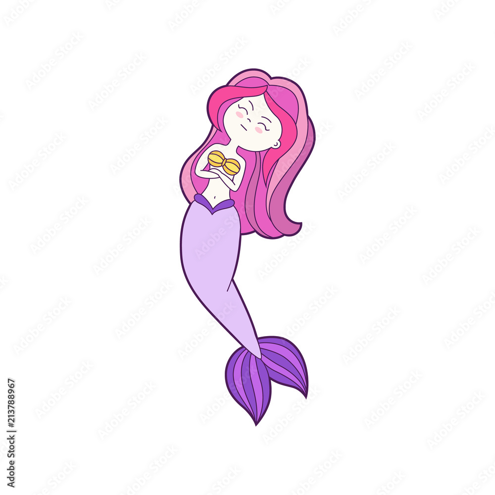 Funny cartoon mermaid. Patch, badge sticker. Icons, pattern for clothes, t-shirts, print, web design, postcards. Vector doodle illustration with cartoon comic character