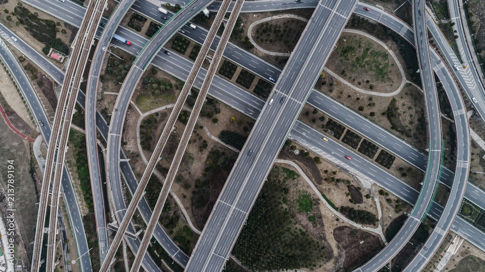 Obraz premium Aerial view of railway, highway and overpass on Luoshan road, Shanghai