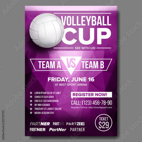 Volleyball Poster Vector. Design For Sport Cafe, Pub, Bar Promotion. Beach. Volleyball Ball. Modern Tournament. Championship Label A4 Size. Volley. Game Banner Template Advertising Illustration