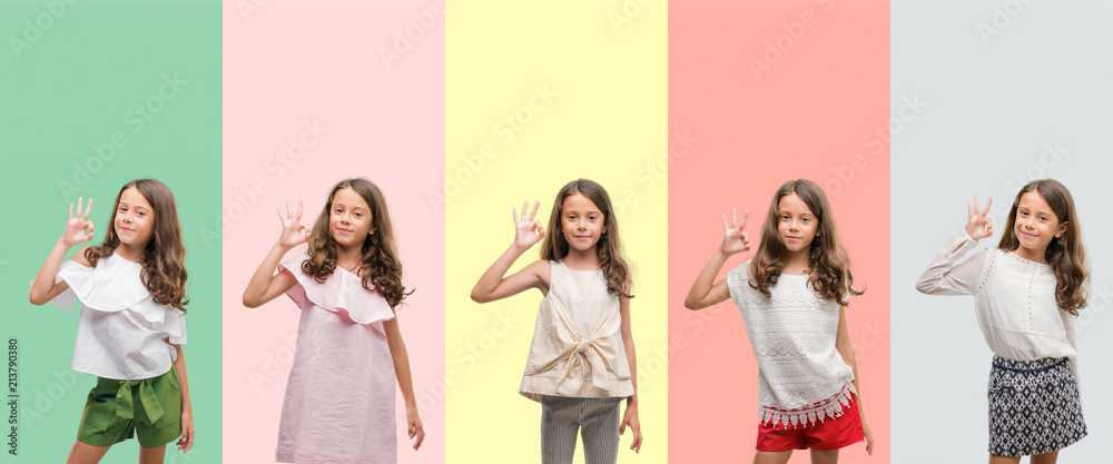 Obraz premium Collage of brunette hispanic girl wearing different outfits smiling positive doing ok sign with hand and fingers. Successful expression.