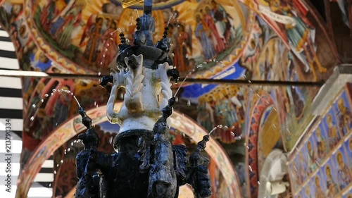 Beautiful water fountain in courtyard of male friary Rila Monastery of Bulgarian church