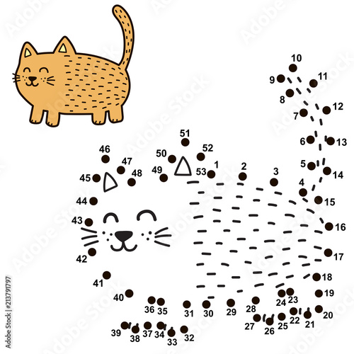 Connect the dots and draw a funny fat cat. Numbers game for children. Vector illustration
