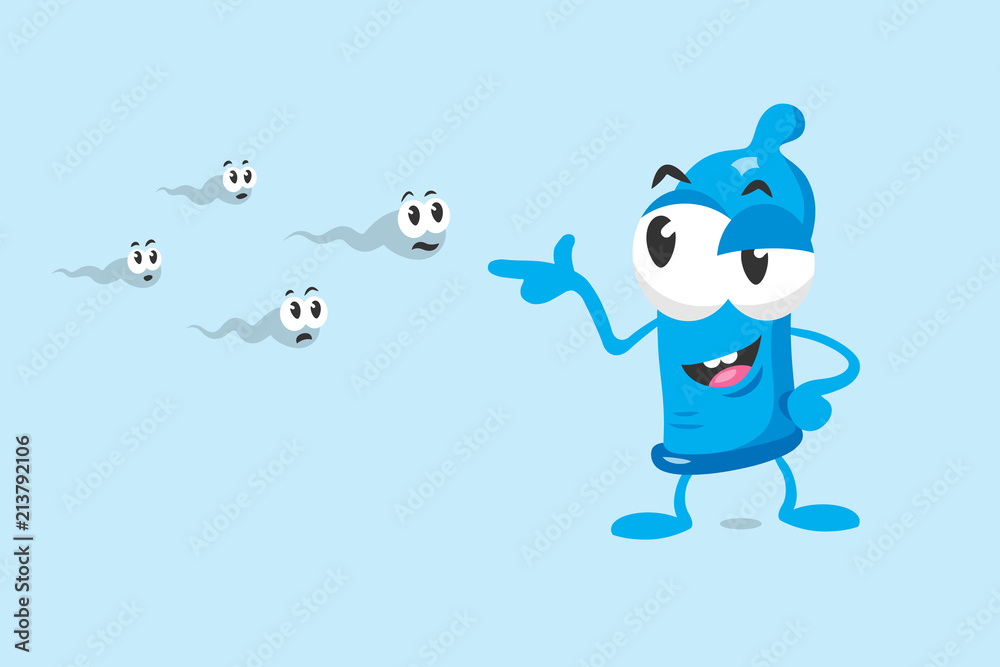 Cute condom mascot shoots on sperms. Isolated on light background. Cute condom mascot shoots on sperms. Isolated on light background.
