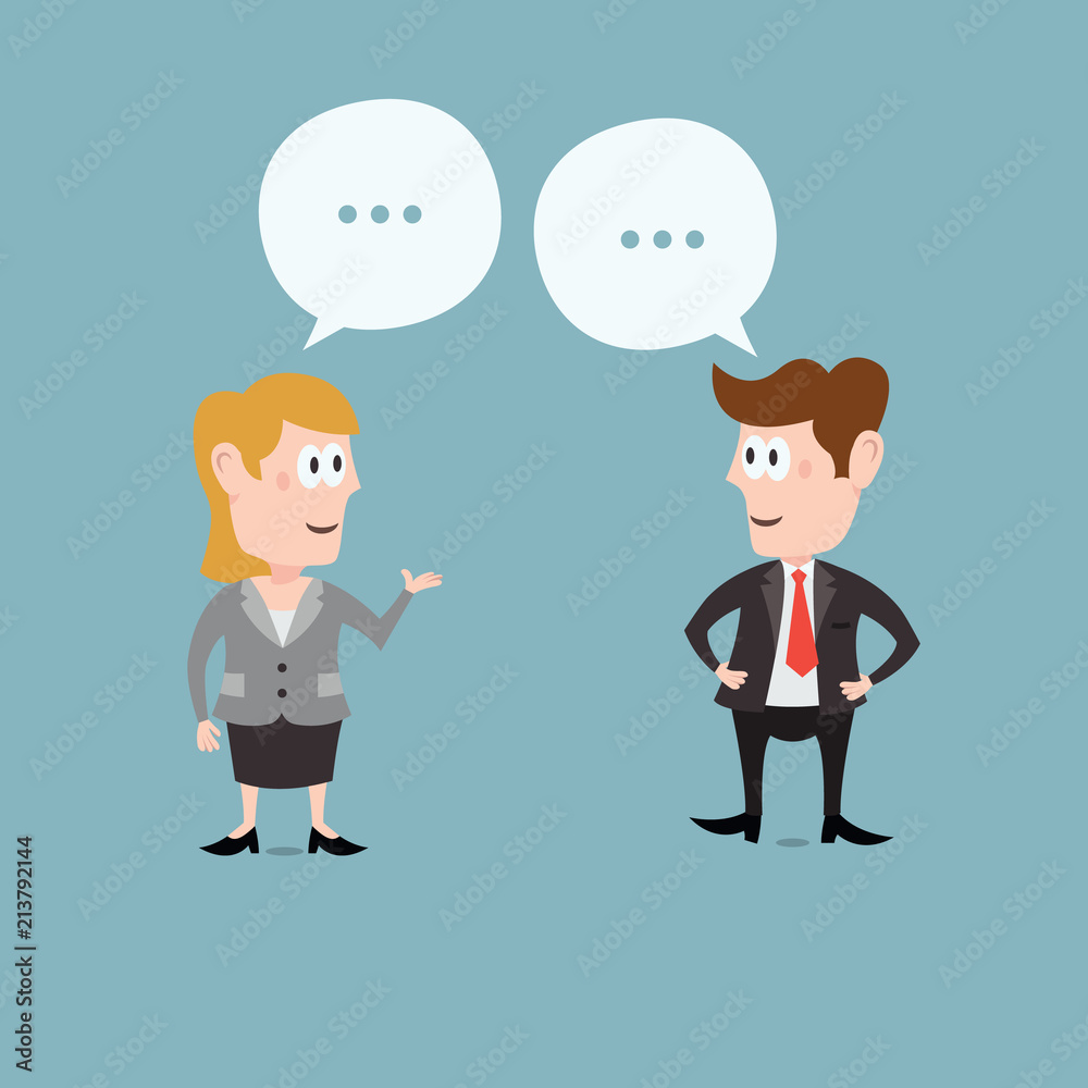 Businesswoman and businessman discussing about business plan and strategy. Flat illustration, easy to use for your website or presentation.