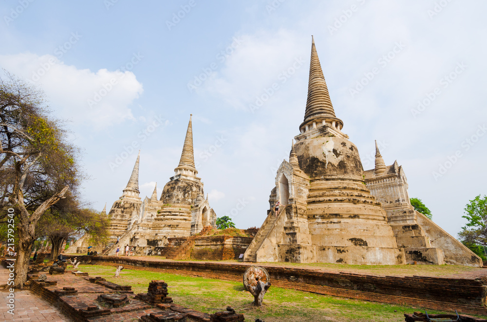 Three main stupas aligned in the central shrine of Ayuthaya temple, Thailand
