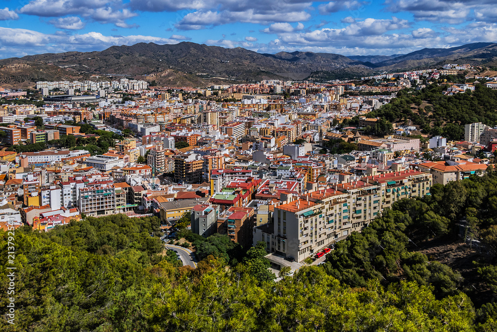 Beautiful aerial view on the Malaga center from Gibralfaro Castle on a sunny day. Malaga, Costa del Sol, Andalusia, Spain.