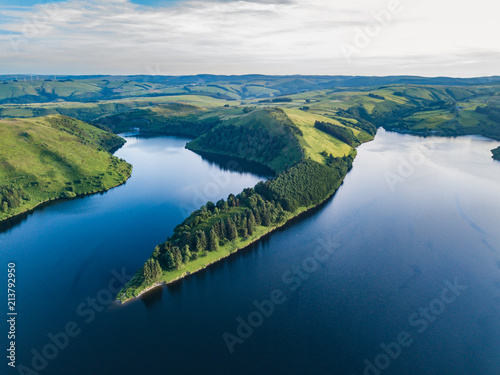 An aerial landscape of the lake near the Llyn Clywedog Dam