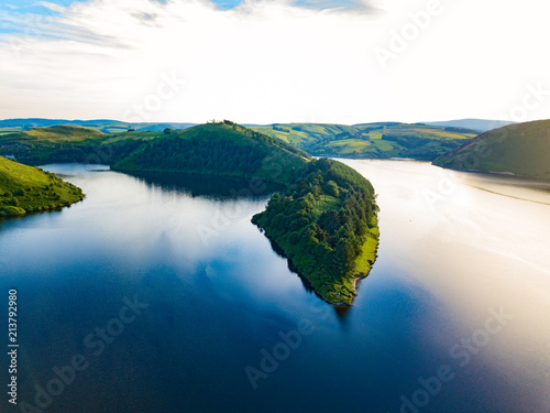 An aerial landscape of the lake near the Llyn Clywedog Dam