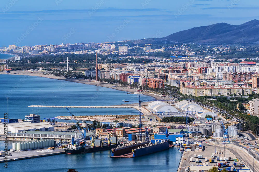 Port of Malaga - international seaport located in city of Malaga in southern Spain, on Costa del Sol coast of Mediterranean, oldest continuously-operated port in Spain. Malaga, Andalusia, Spain.