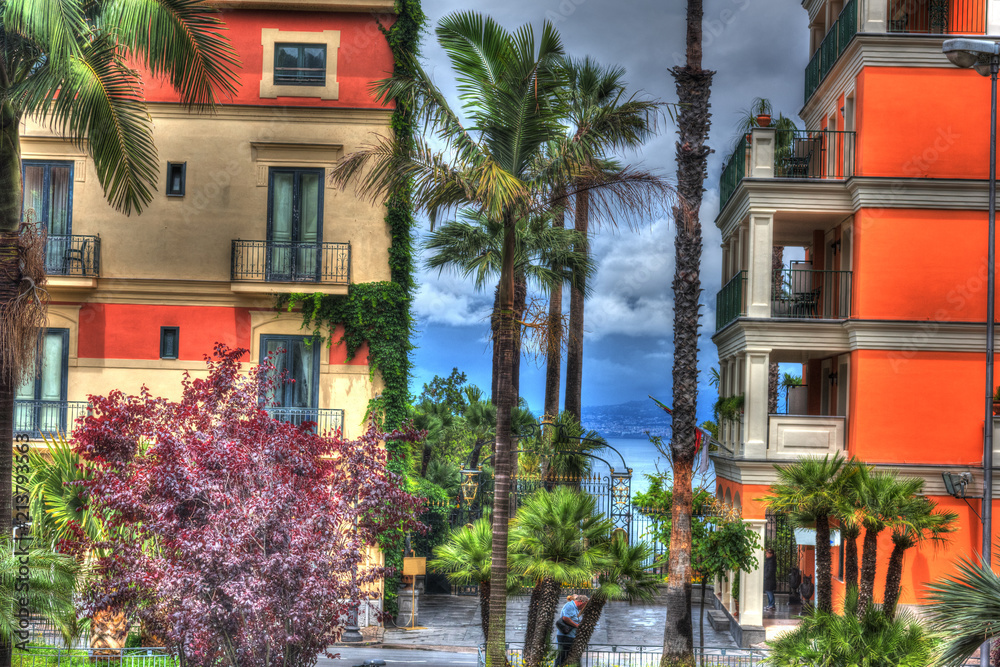 Colorful buildings and palm tree in world famous Sorrento