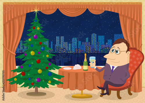 Respectable Gentleman Sitting Near Table and Celebrating Christmas in Restaurant with Firtree and View on Night City, Holiday Cartoon Character. Eps10, Contains Transparencies. Vector