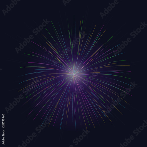 Colorful isolated vector lined firework symbol with glossy center. Bright sign for greeting cards and banners decoration