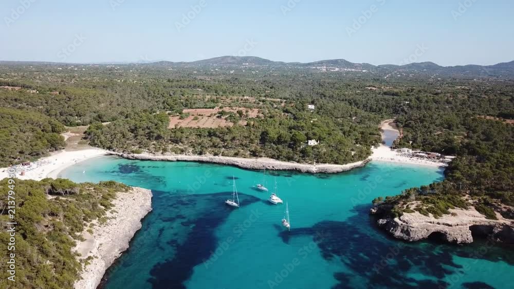 Aerial: The Cala Mondrago beach in Mallorca, Spain Aerial: The Cala Mondrago beach in Mallorca, Spain