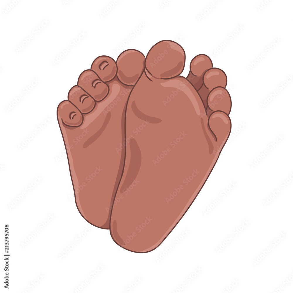 Newborn baby foot soles, barefoot, bottom view. Tiny plump feet with cute heels and toes. Realistic african american skin colours. Vector illustration, hand drawn cartoon style, isolated on white. Newborn baby foot soles, barefoot, bottom view. Tiny plump feet with cute heels and toes. Realistic african american skin colours. Vector illustration, hand drawn cartoon style, isolated on white.