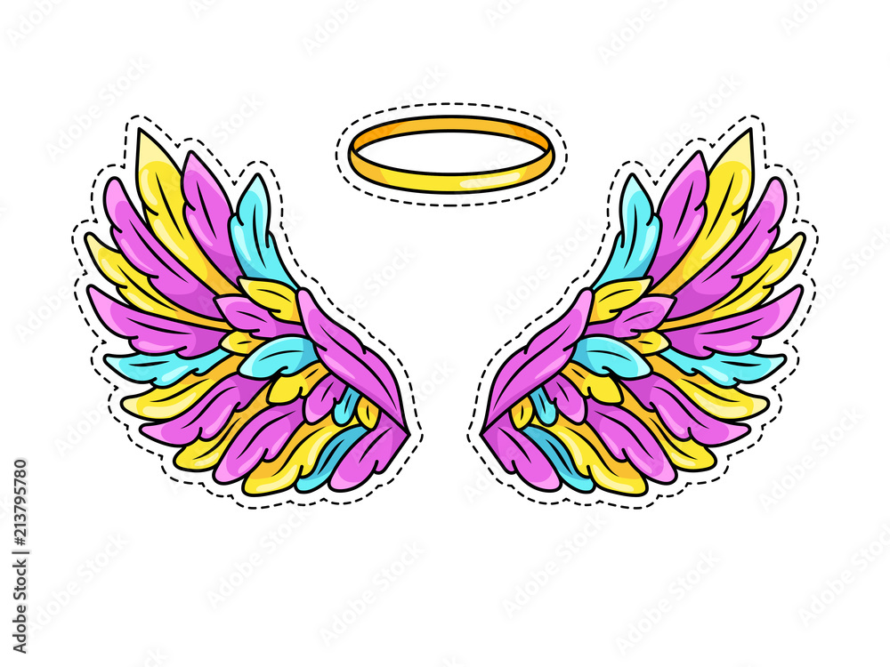 Magic wings sticker in 80s-90s youth pop art comics style. Wide spread angel  wings and halo. Retro fashionable patch element inspired by old cartoons.  Vector illustration isolated on white Stock-Vektorgrafik | Adobe