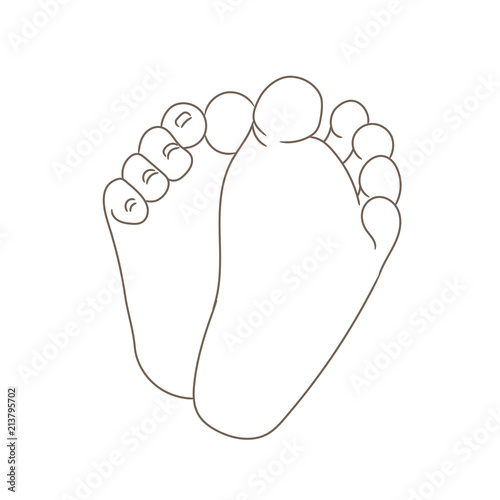 Newborn baby foot soles, barefoot, bottom view. Tiny plump feet with cute heels and toes. Contour vector illustration, hand drawn cartoon style, isolated on white.
