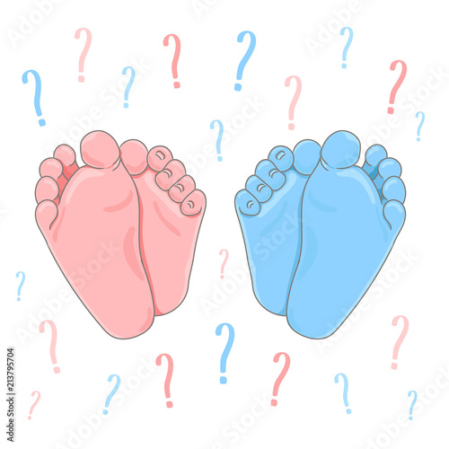 It’s a boy or girl quiz announcement. Newborn foot soles colored in blue and pink, question marks on the background. Vector illustration.