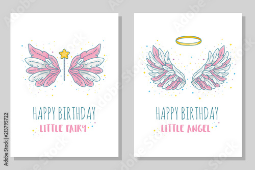 Happy birthday little fairy and angel card templates. Wide spread wings with golden halo and magic wand. Contour drawing in modern line style with volume. Vector illustration isolated on white.