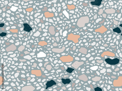 Terrazzo floor marble seamless hand crafted pattern. Traditional venetian material.Granite and quartz rocks and sprinkles mixed on polished surface.Abstract vector background for architecture designs