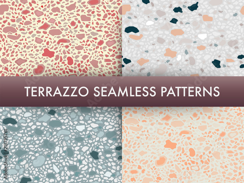 Terrazzo floor marble seamless pattern set.Traditional venetian material.Granite and quartz rocks and sprinkles mixed on polished surface.Abstract vector background for architecture designs