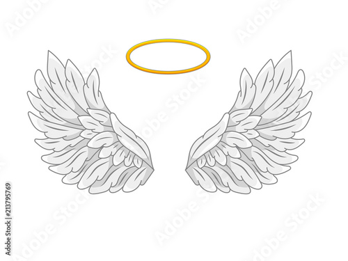 A pair of wide spread angel wings with golden halo or nimbus. Grey and white feathers. Contour drawing in modern line style with volume. Vector illustration