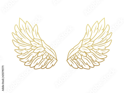 A pair of angel wings, wide open with golden metallic effect. Contour drawing in modern flat line style. Vector illustration