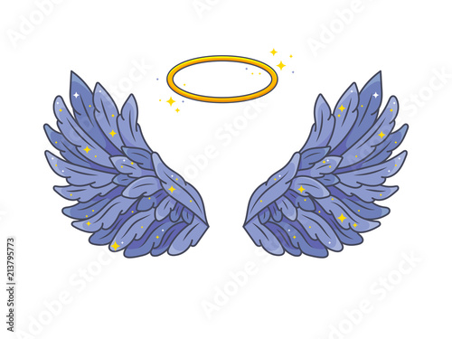 A pair of wide spread angel wings with golden halo or nimbus. Deep violet feathers with sparkling stars. Magic fantasy concept. Vector illustration