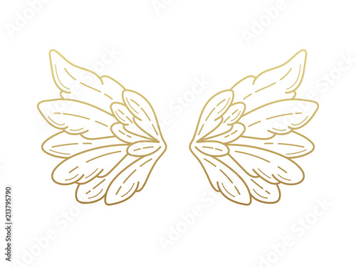 A pair of angel wings, wide open with golden metallic effect. Contour drawing in modern flat line style. Vector illustration