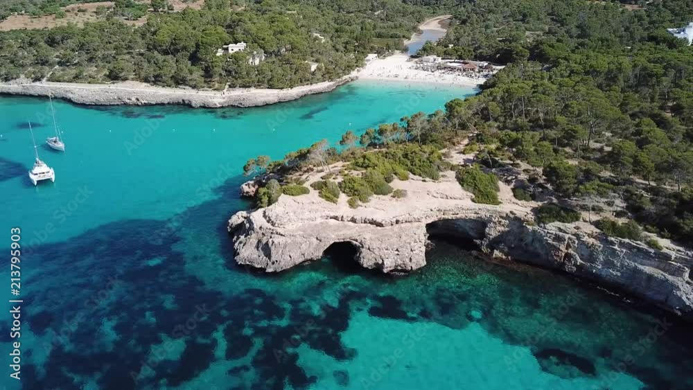 Aerial: The Cala Mondrago beach in Mallorca, Spain