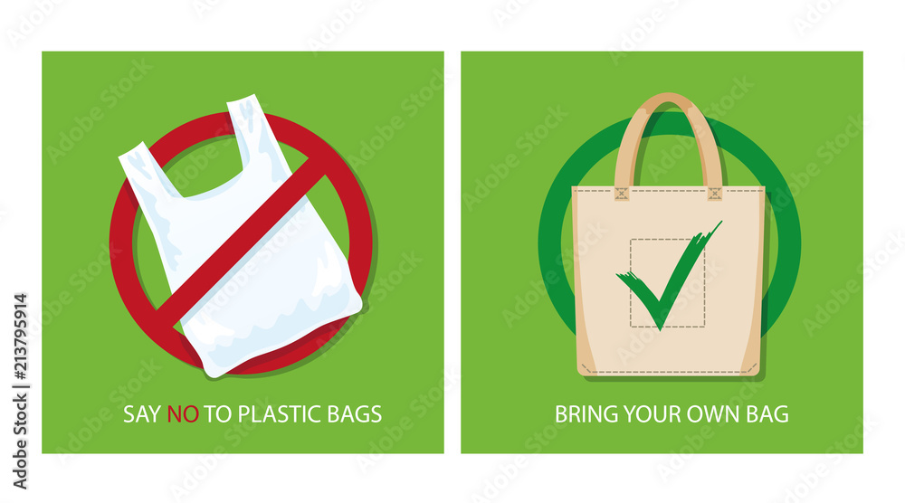 Vecteur Stock Pollution problem concept. Say no to plastic bags, bring your  own textile bag. Cartoon styled images with signage calling for stop using  disposable polythene package. Vector illustration. | Adobe Stock